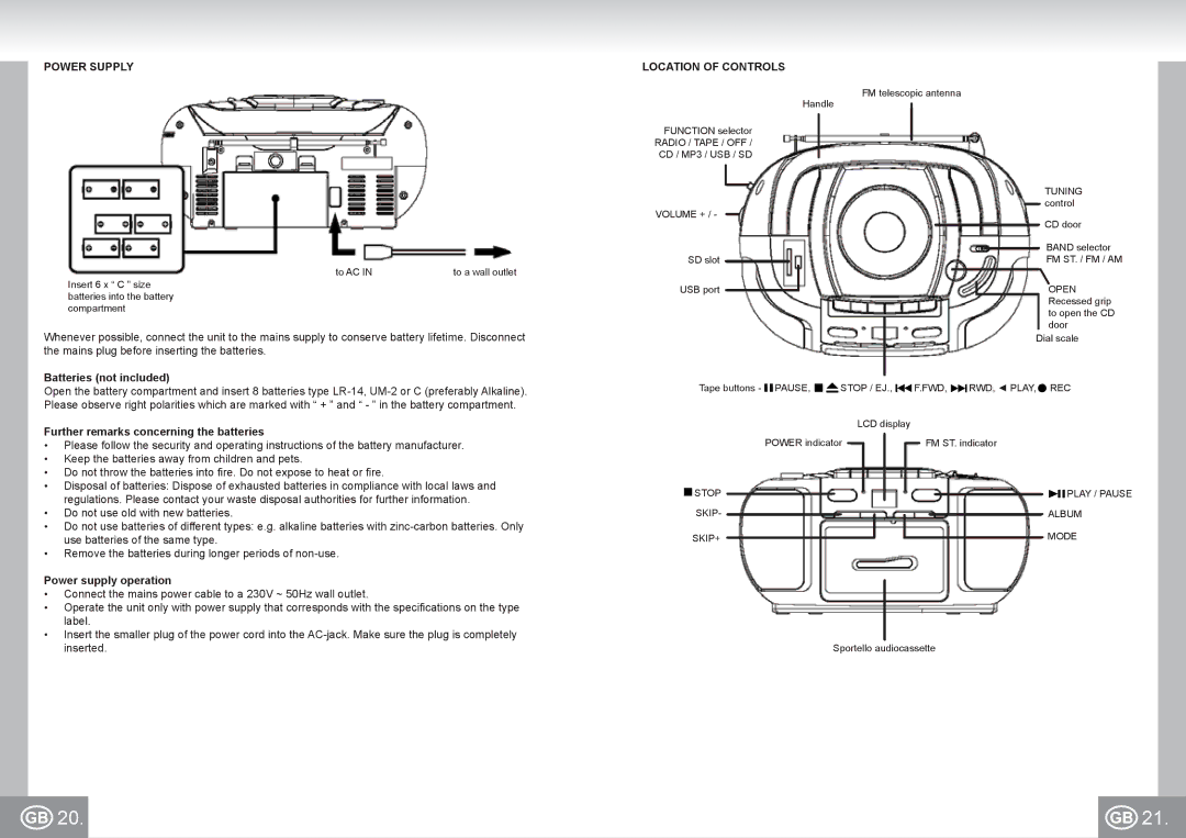 Elta 6733 manual Power Supply, Batteries not included, Further remarks concerning the batteries, Power supply operation 