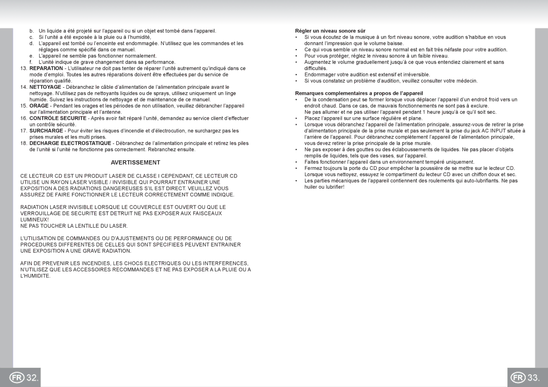 Elta 6733 manual Avertissement, Régler un niveau sonore sûr, Remarques complementaires a propos de l’appareil 