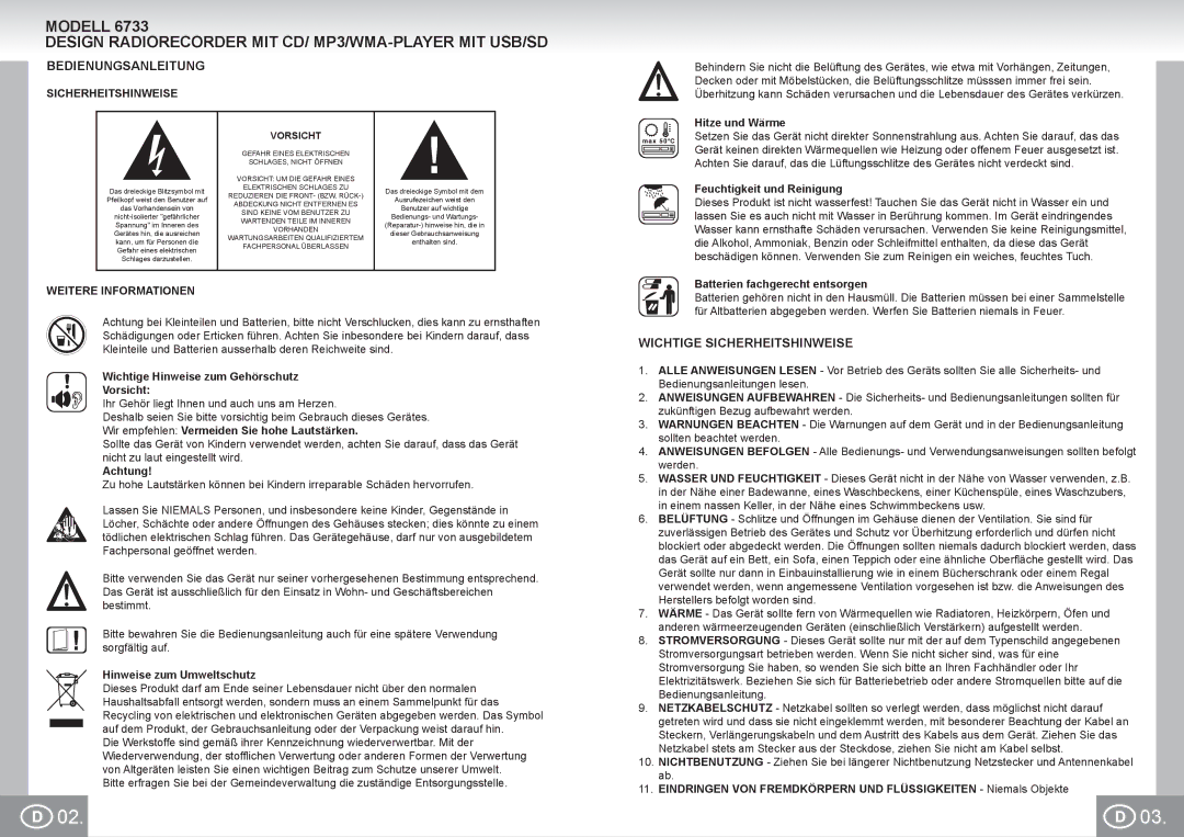 Elta 6733 manual Bedienungsanleitung, Wichtige Sicherheitshinweise, Weitere Informationen 