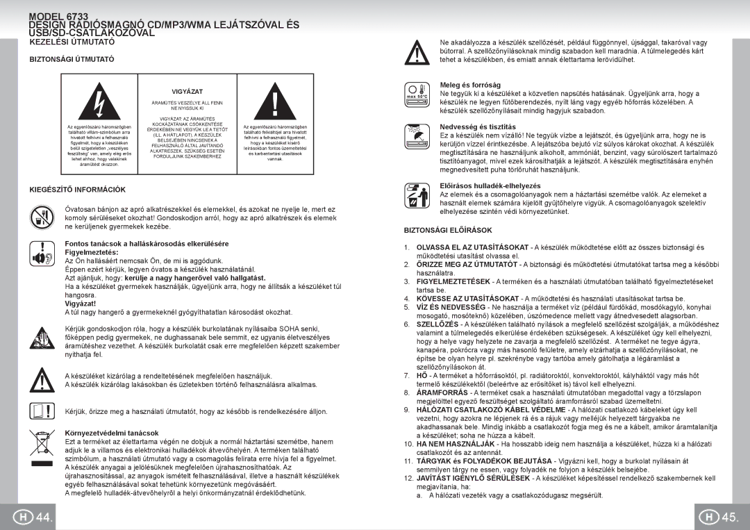 Elta 6733 manual Kezelési Útmutató, Biztonsági Útmutató, Kiegészítő Információk, Biztonsági Előírások 