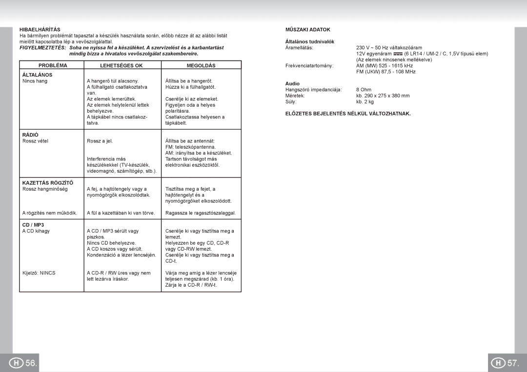 Elta 6733 manual Hibaelhárítás, Probléma Lehetséges OK Megoldás Általános, Rádió, Kazettás Rögzítő, Műszaki Adatok 