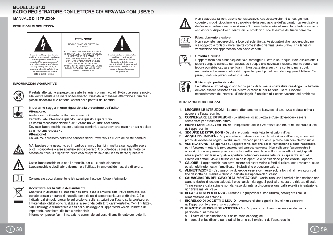 Elta 6733 manual Manuale DI Istruzioni, Istruzioni DI Sicurezza, Informazioni Aggiuntive 