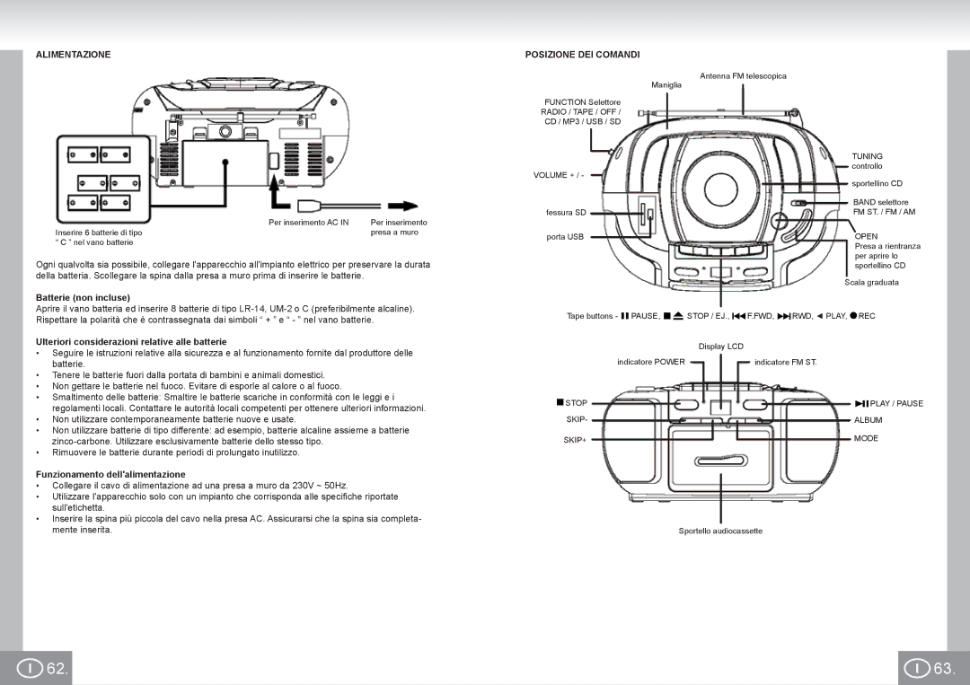 Elta 6733 Alimentazione, Batterie non incluse, Ulteriori considerazioni relative alle batterie, Posizione DEI Comandi 