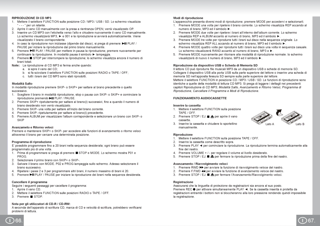 Elta 6733 manual Riproduzione DI CD MP3, Funzionamento Audiocassette 