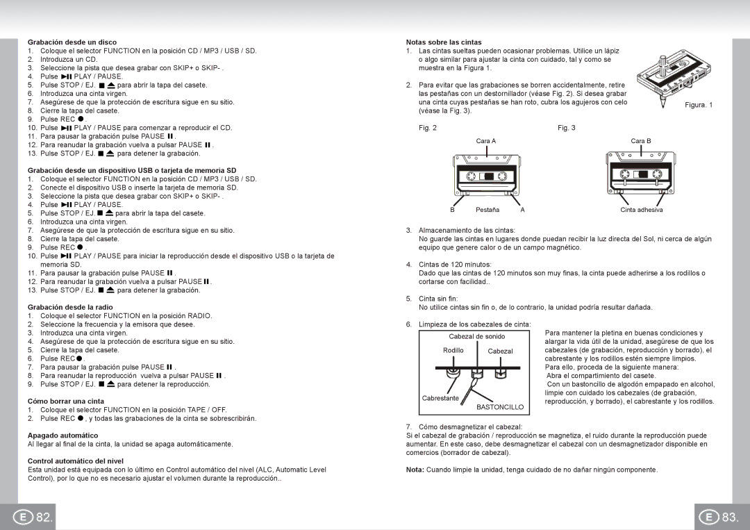 Elta 6733 Grabación desde un disco, Grabación desde un dispositivo USB o tarjeta de memoria SD, Cómo borrar una cinta 