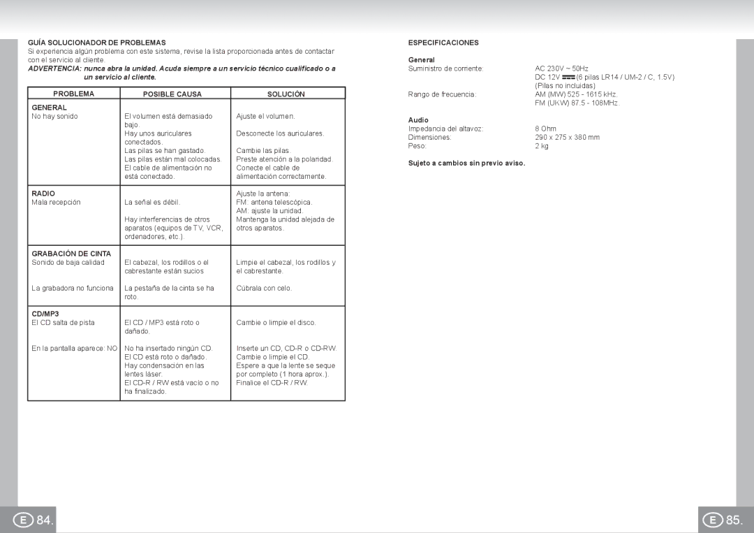 Elta 6733 manual Guía Solucionador DE Problemas, Problema Posible Causa Solución General, Grabación DE Cinta, CD/MP3 