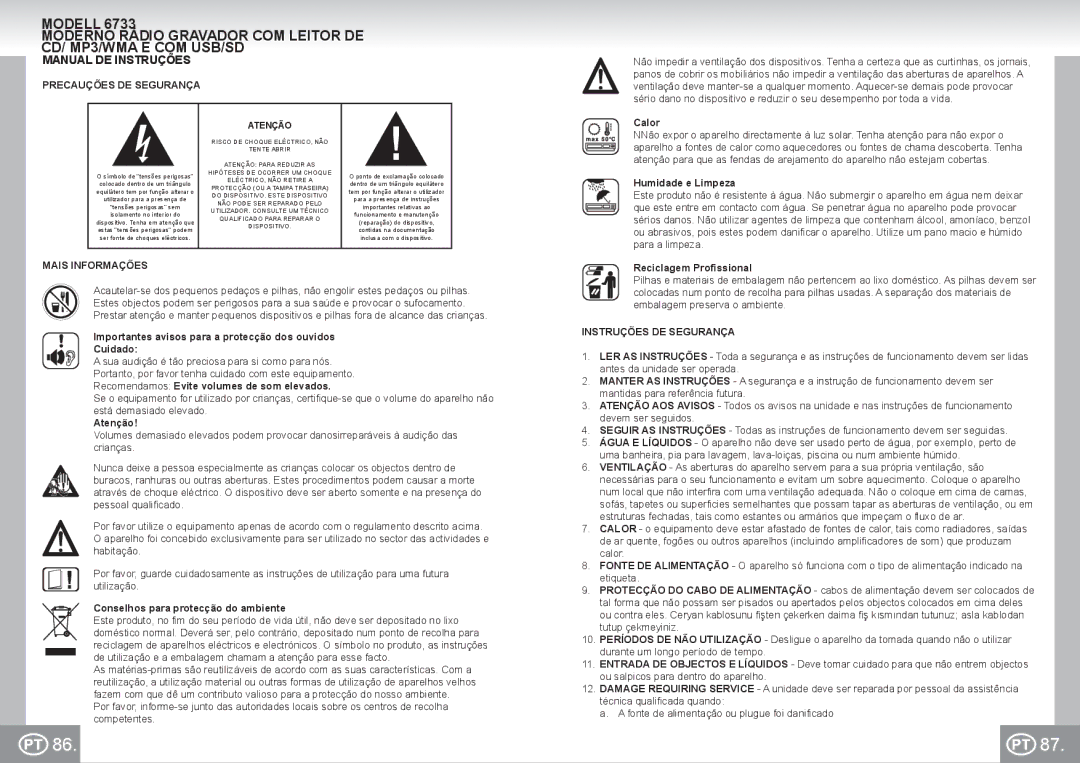 Elta 6733 manual Manual DE Instruções, Precauções DE Segurança, Mais Informações, Instruções DE Segurança 