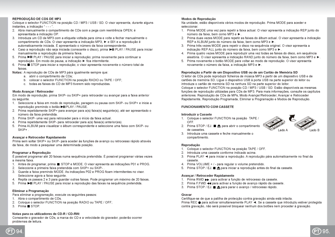 Elta 6733 manual Reprodução DE CDS DE MP3, Funcionamento COM Cassete 