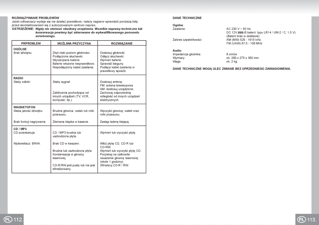 Elta 6733 manual 112, Rozwiązywanie Problemów, Prproblem Możliwa Przyczyna Rozwiązanie Ogólne, Magnetofon, Dane Techniczne 