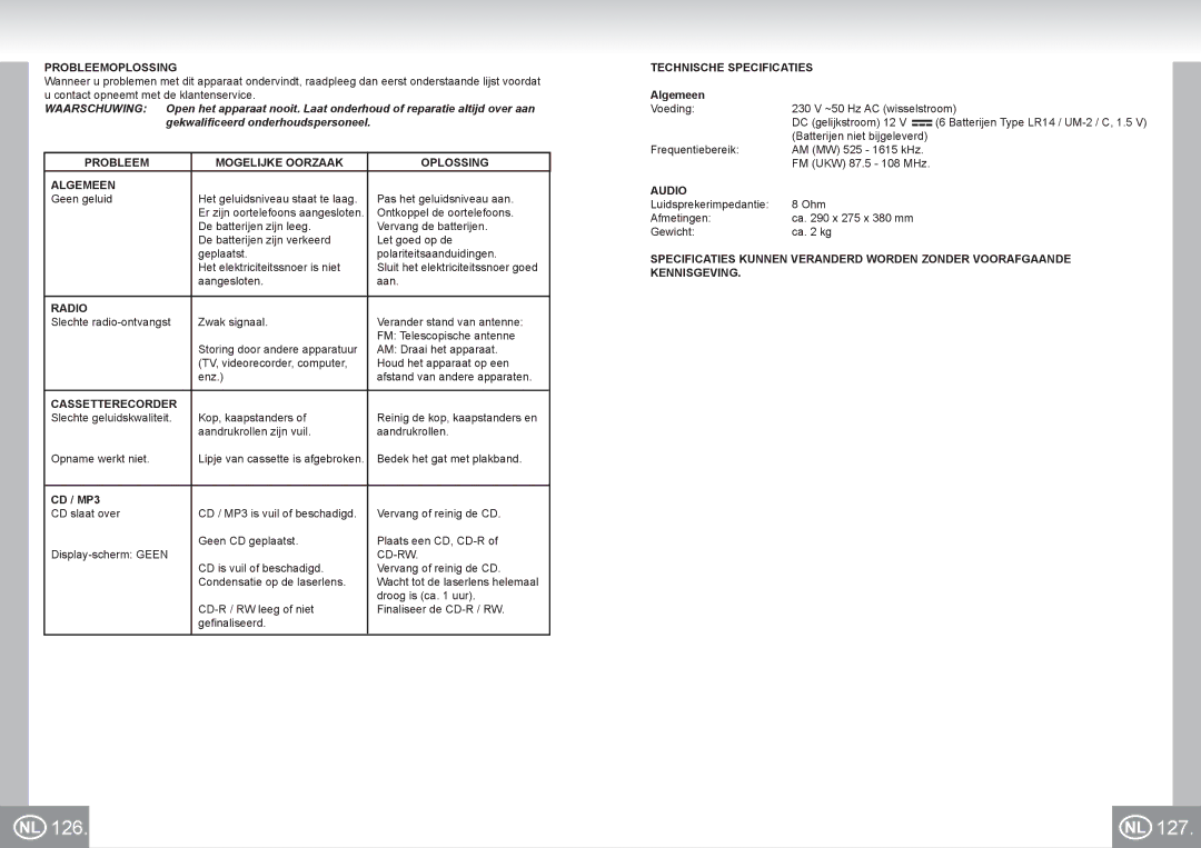 Elta 6733 manual 126 127, Probleemoplossing, Probleem Mogelijke Oorzaak Oplossing Algemeen, Cassetterecorder 