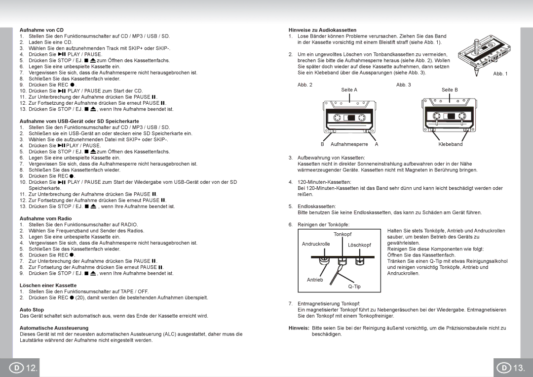 Elta 6733 Aufnahme von CD, Aufnahme vom USB-Gerät oder SD Speicherkarte, Aufnahme vom Radio Hinweise zu Audiokassetten 