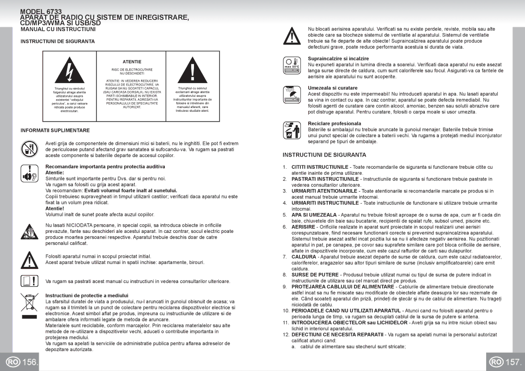 Elta 6733 manual 156 157, Manual CU Instructiuni, Instructiuni DE Siguranta, Informatii Suplimentare 