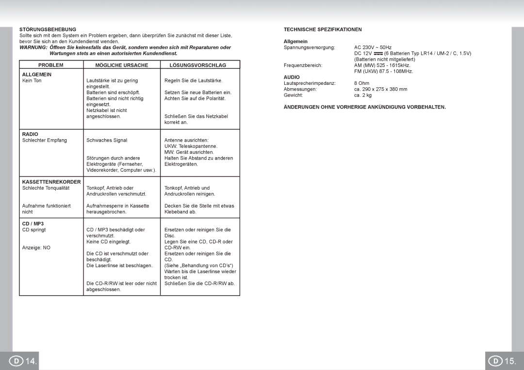 Elta 6733 manual Störungsbehebung, Problem Mögliche Ursache Lösungsvorschlag Allgemein, Radio, Kassettenrekorder, Audio 