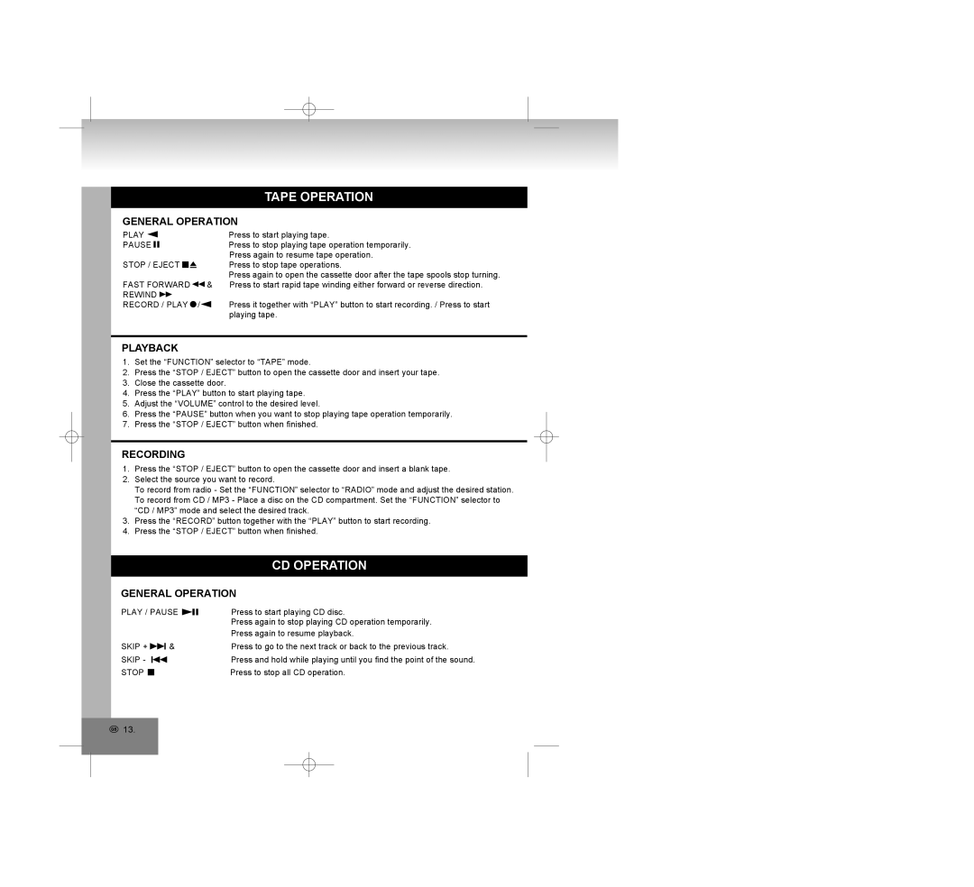 Elta 6770M1 manual Tape Operation, CD Operation, Playback, Recording 
