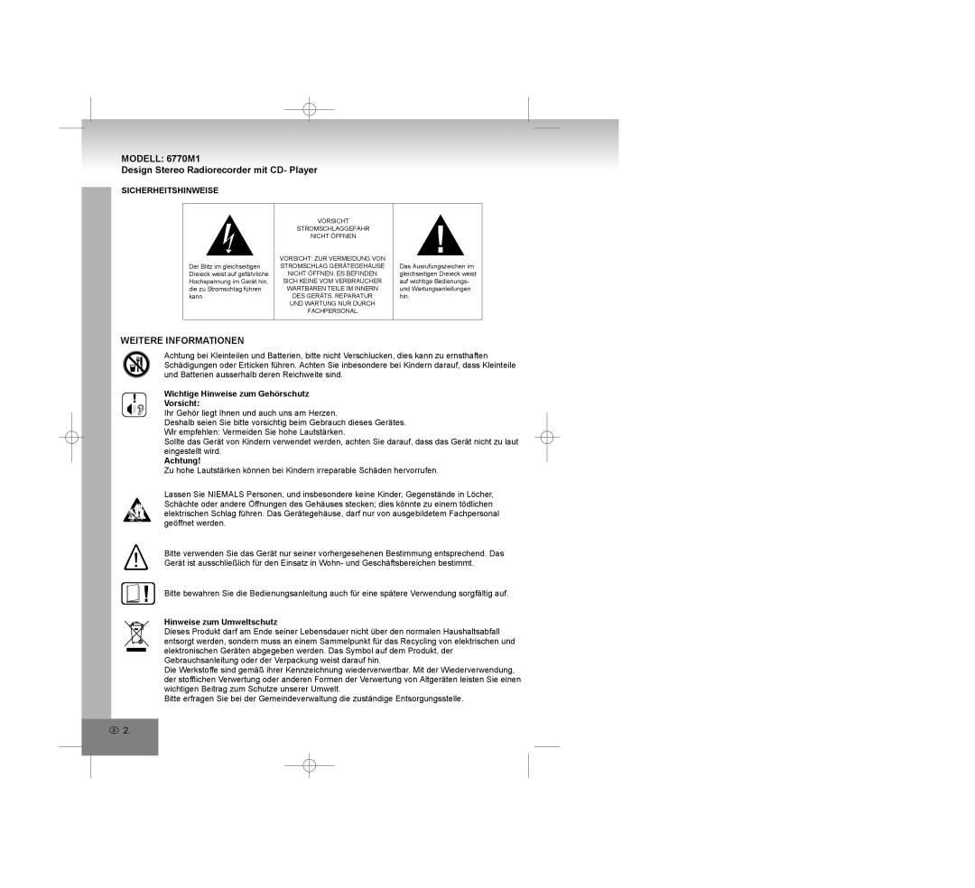 Elta 6770M1 manual Weitere Informationen, Sicherheitshinweise, Wichtige Hinweise zum Gehörschutz Vorsicht, Achtung 