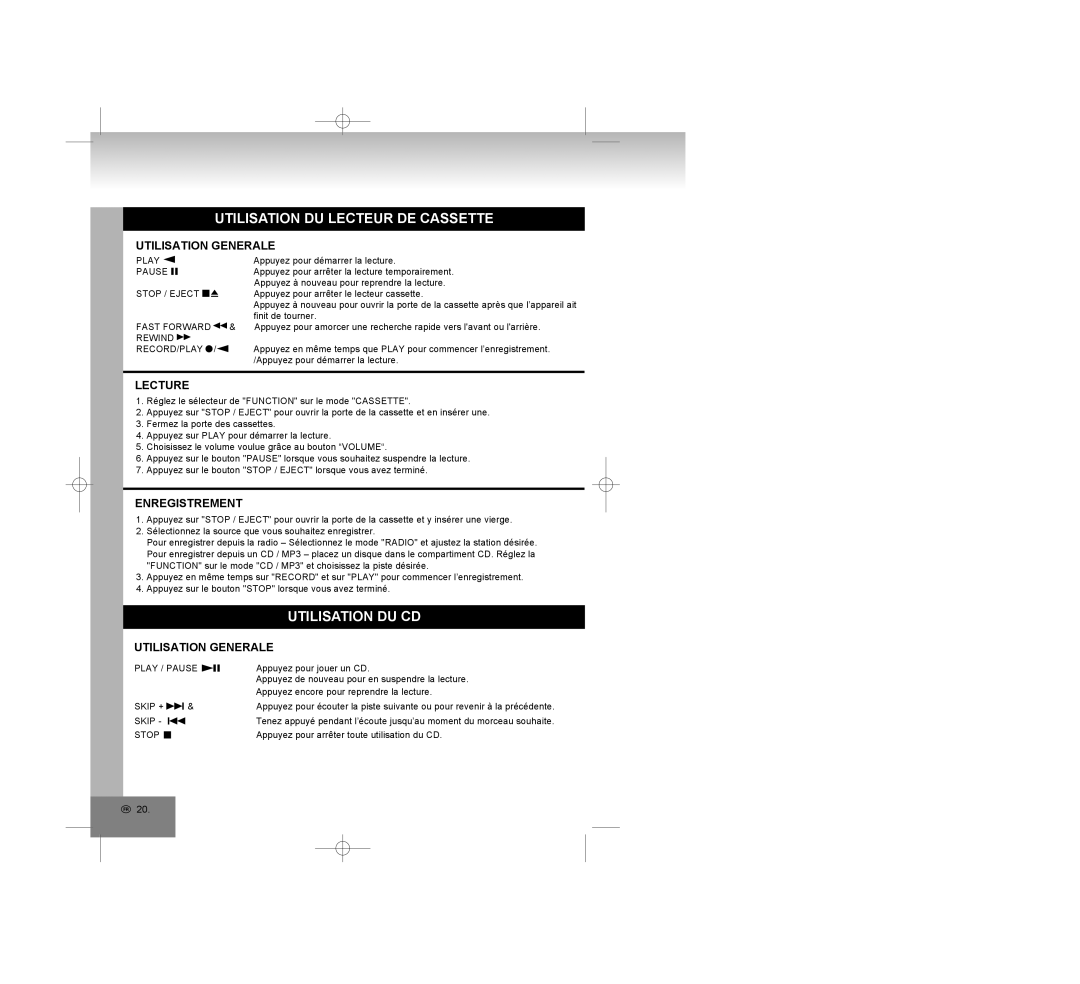 Elta 6770M1 manual Utilisation DU Lecteur DE Cassette, Utilisation DU CD, Lecture, Enregistrement, Rewind RECORD/PLAY 