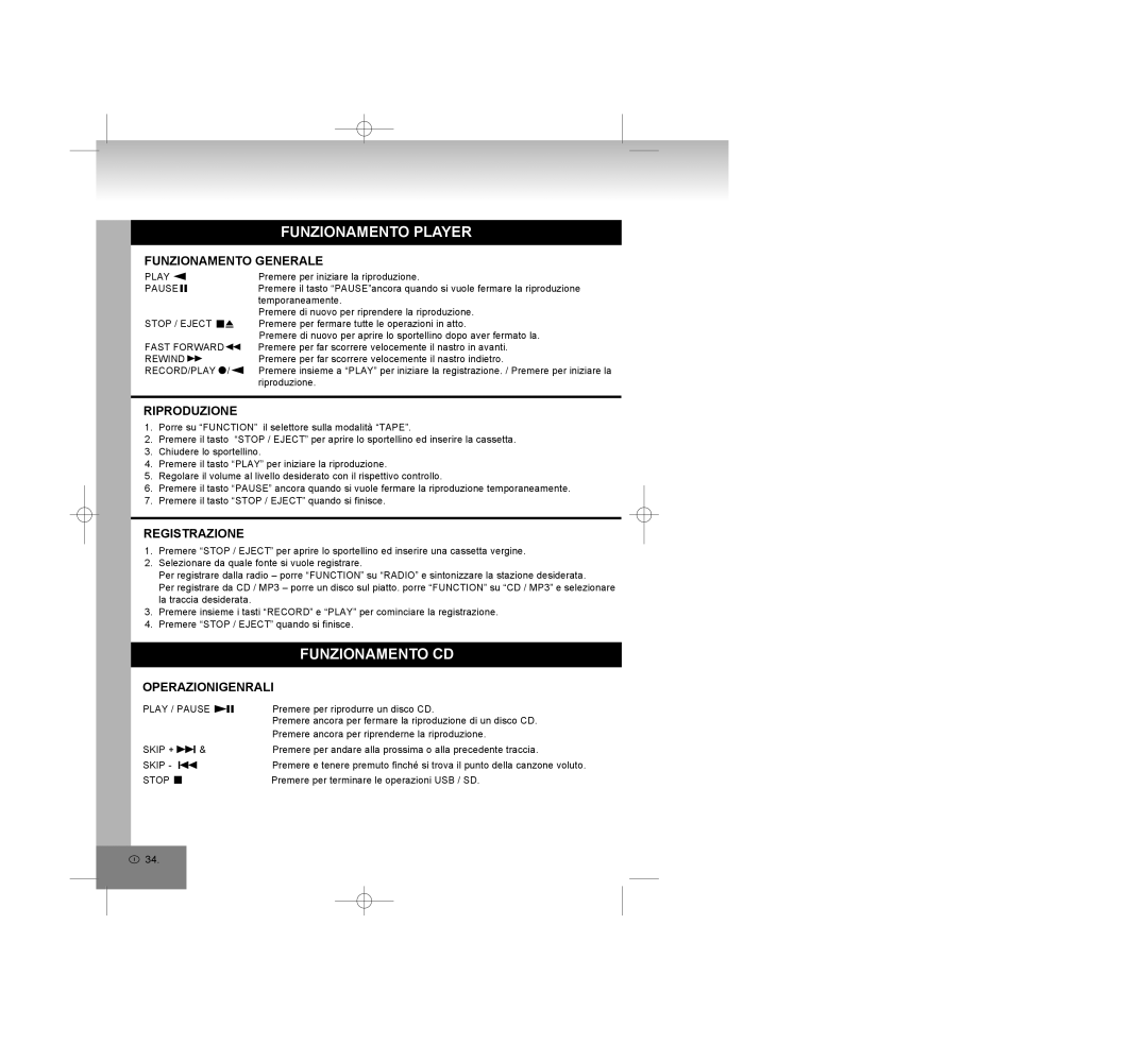 Elta 6770M1 manual Funzionamento Player, Funzionamento CD, Riproduzione, Registrazione, Operazionigenrali 