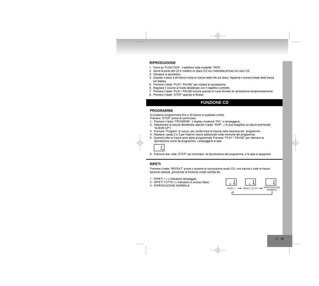 Elta 6770M1 manual Funzione CD, Programma, Ripeti, Riproduzione Normale 