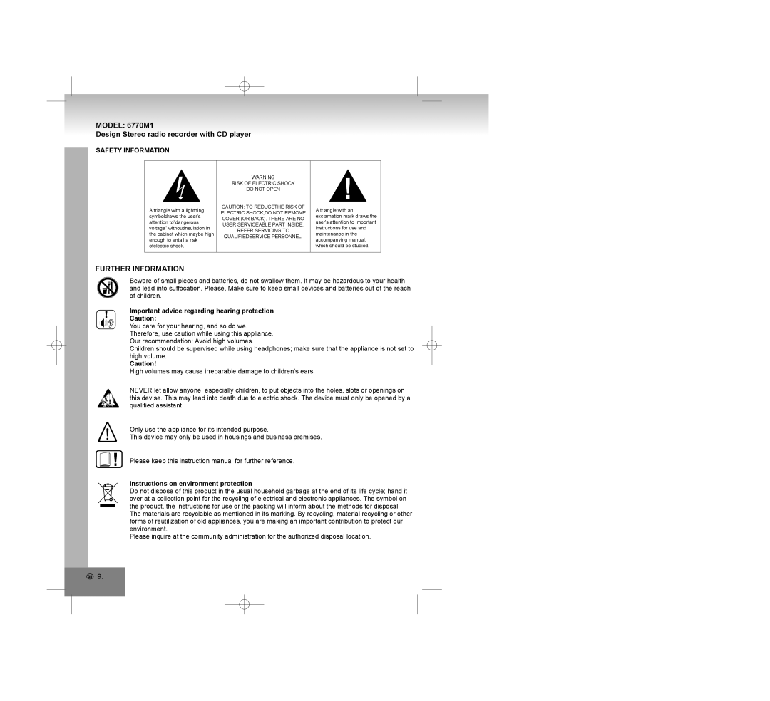 Elta 6770M1 manual Further Information, Safety Information, Important advice regarding hearing protection 