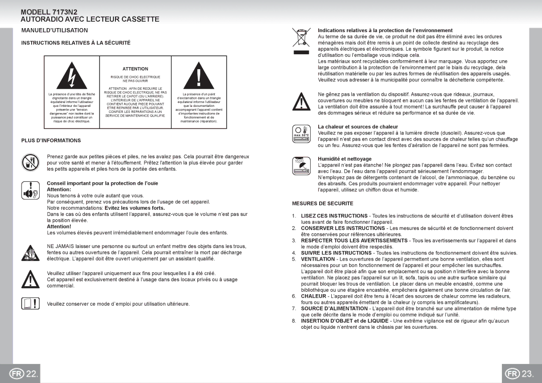 Elta manual Modell 7173N2 Autoradio Avec Lecteur Cassette, Manueld’Utilisation, Instructions Relatives À LA Sécurité 