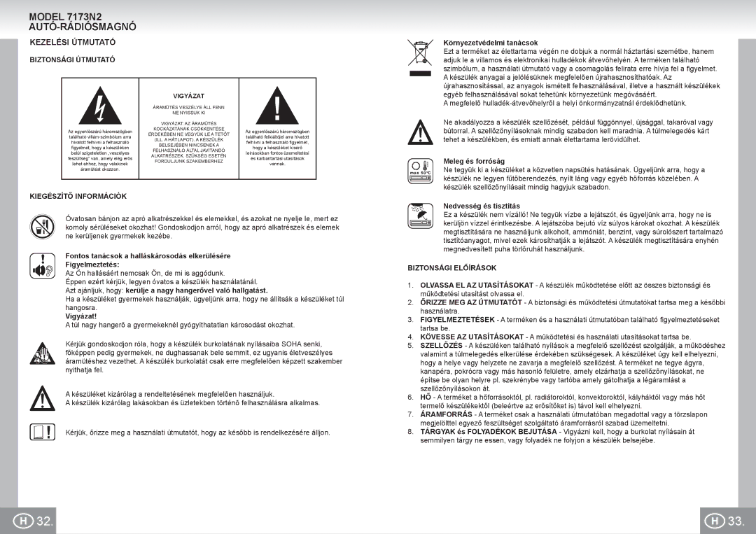 Elta manual Model 7173N2 AUTÓ-RÁDIÓSMAGNÓ, Kezelési Útmutató, Biztonsági Útmutató, Kiegészítő Információk 