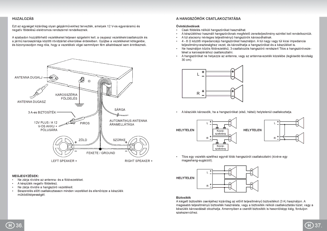 Elta 7173N2 manual Huzalozás, Hangszórók Csatlakoztatása, Helytelen, Megjegyzések, Biztosíték 