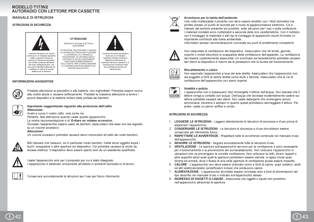 Elta manual Modello 7173N2 Autoradio CON Lettore PER Cassette, Manuale DI Istruzioni, Istruzioni DI Sicurezza 