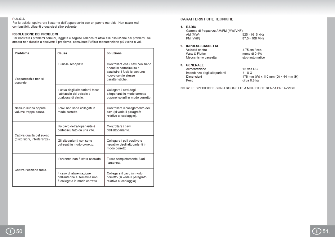 Elta 7173N2 manual Caratteristiche Tecniche, Pulizia, Risoluzione DEI Problemi, Impulso Cassetta, Generale 