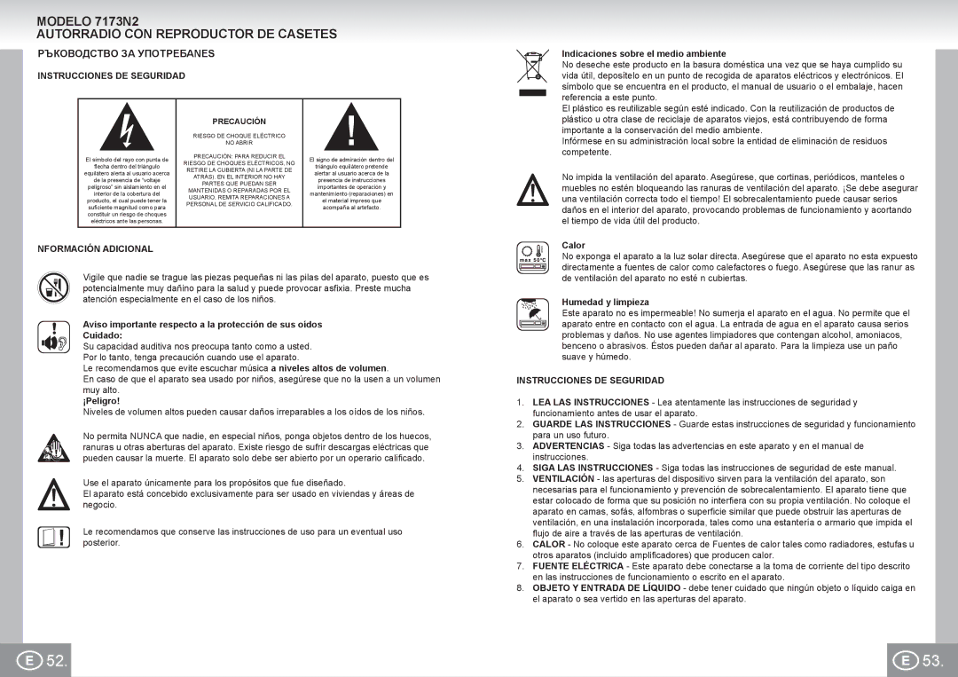 Elta manual Modelo 7173N2 Autorradio CON Reproductor DE Casetes, Ръководство ЗА Употребаnes, Instrucciones DE Seguridad 