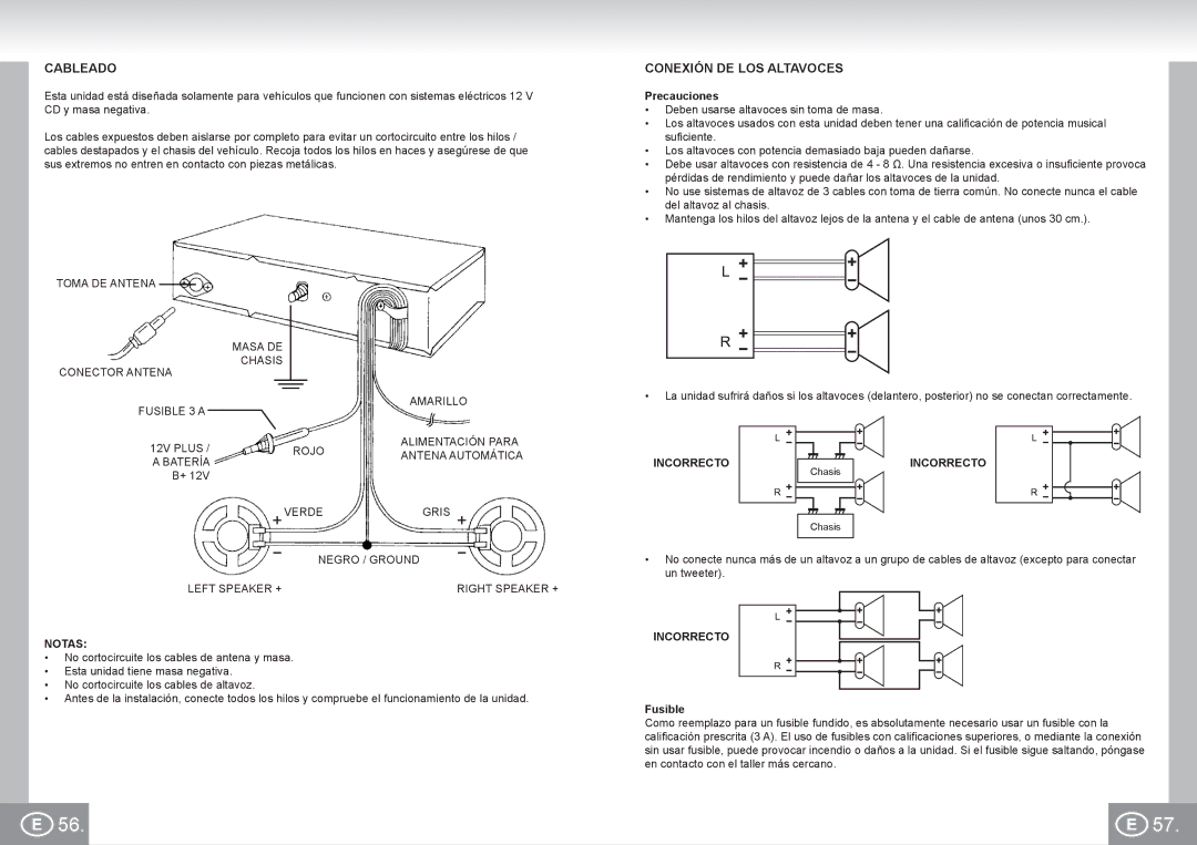 Elta 7173N2 manual Cableado, Conexión DE LOS Altavoces, Notas, Incorrecto 