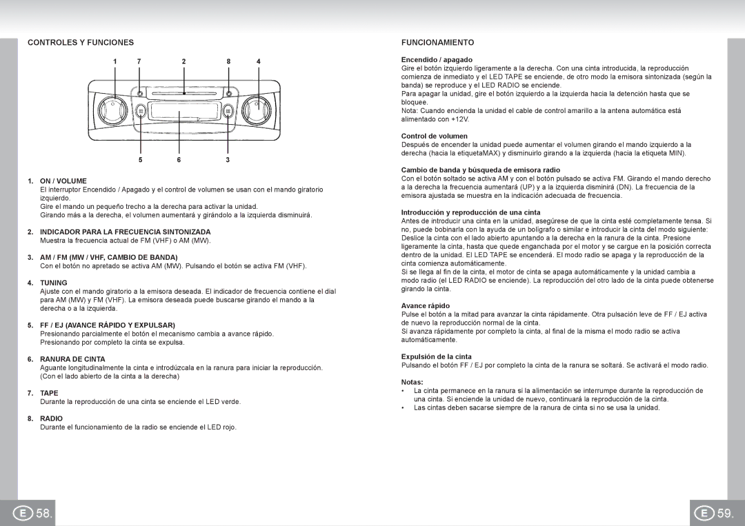 Elta 7173N2 Controles Y Funciones, Funcionamiento, AM / FM MW / VHF, Cambio DE Banda, FF / EJ Avance Rápido Y Expulsar 