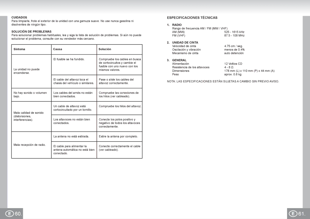 Elta 7173N2 manual Especificaciones Técnicas, Cuidados, Solución DE Problemas, Síntoma Causa Solución, Unidad DE Cinta 