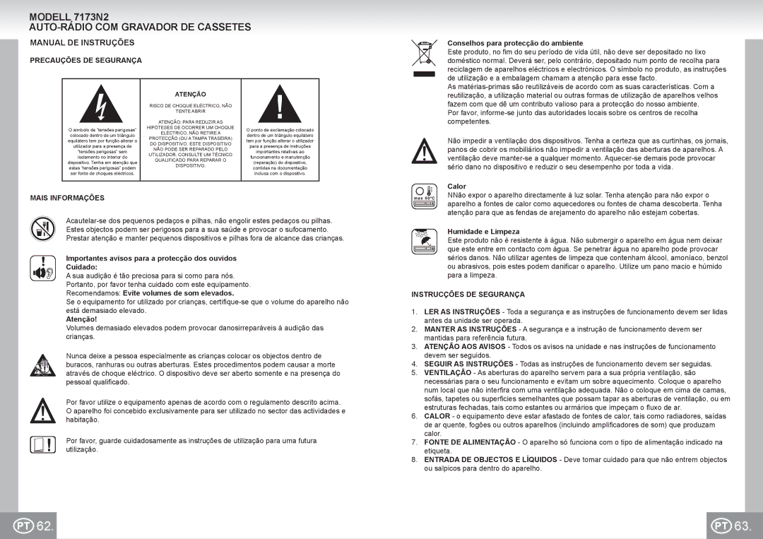 Elta Modell 7173N2 AUTO-RÁDIO COM Gravador DE Cassetes, Manual DE Instruções, Precauções DE Segurança, Mais Informações 