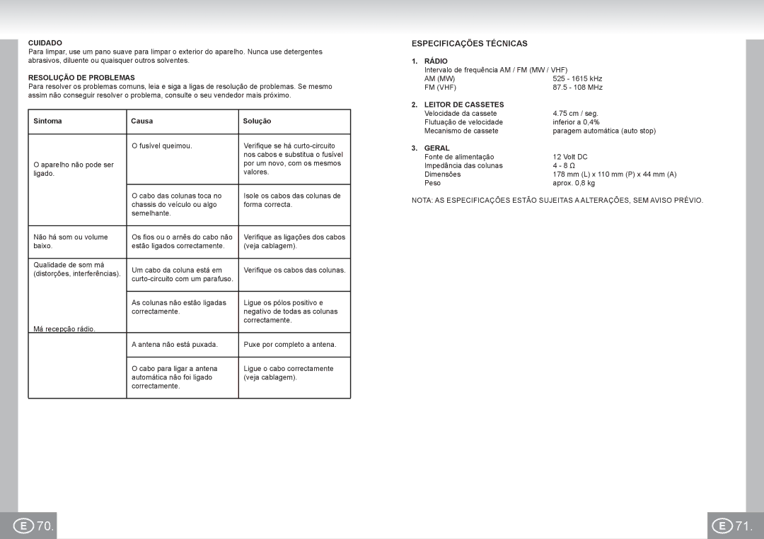 Elta 7173N2 manual Especificações Técnicas, Cuidado, Resolução DE Problemas, Leitor DE Cassetes, Geral 