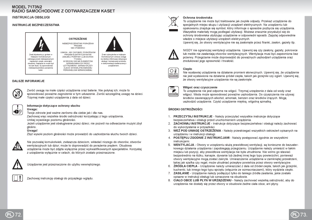 Elta 7173N2 manual Radio Samochodowe Z Odtwarzaczem Kaset, Instrukcja Obsługi, Instrukcje Bezpieczeństwa, Dalsze Inforamcje 