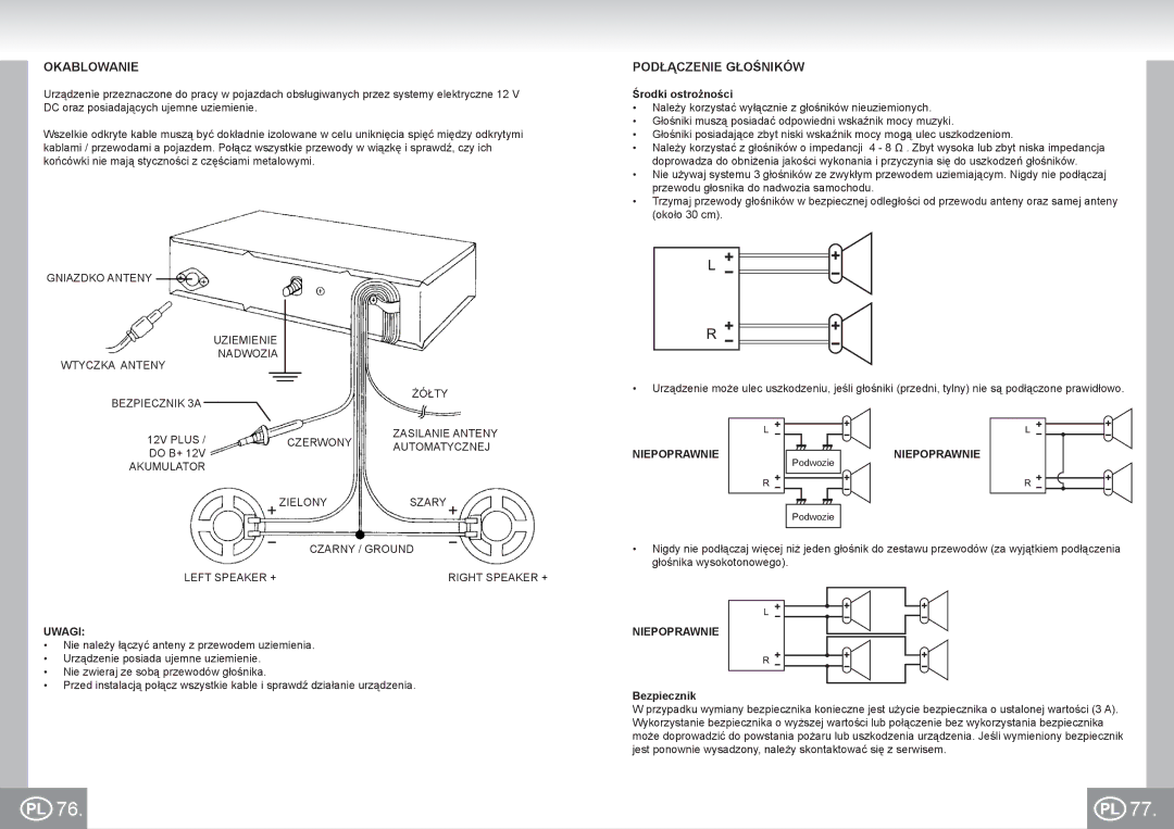 Elta 7173N2 manual Okablowanie, Podłączenie Głośników, Uwagi, Niepoprawnie, Bezpiecznik 