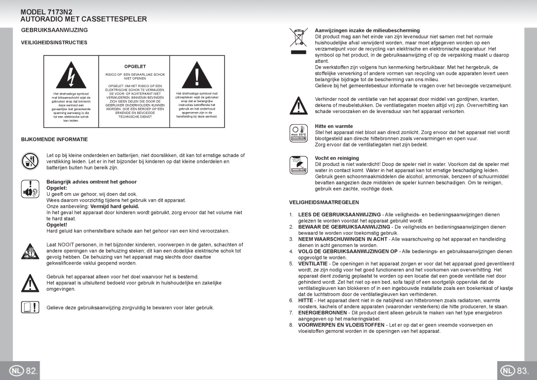 Elta 7173N2 manual Autoradio MET Cassettespeler, Gebruiksaanwijzing, Veiligheidsinstructies, Bijkomende Informatie 