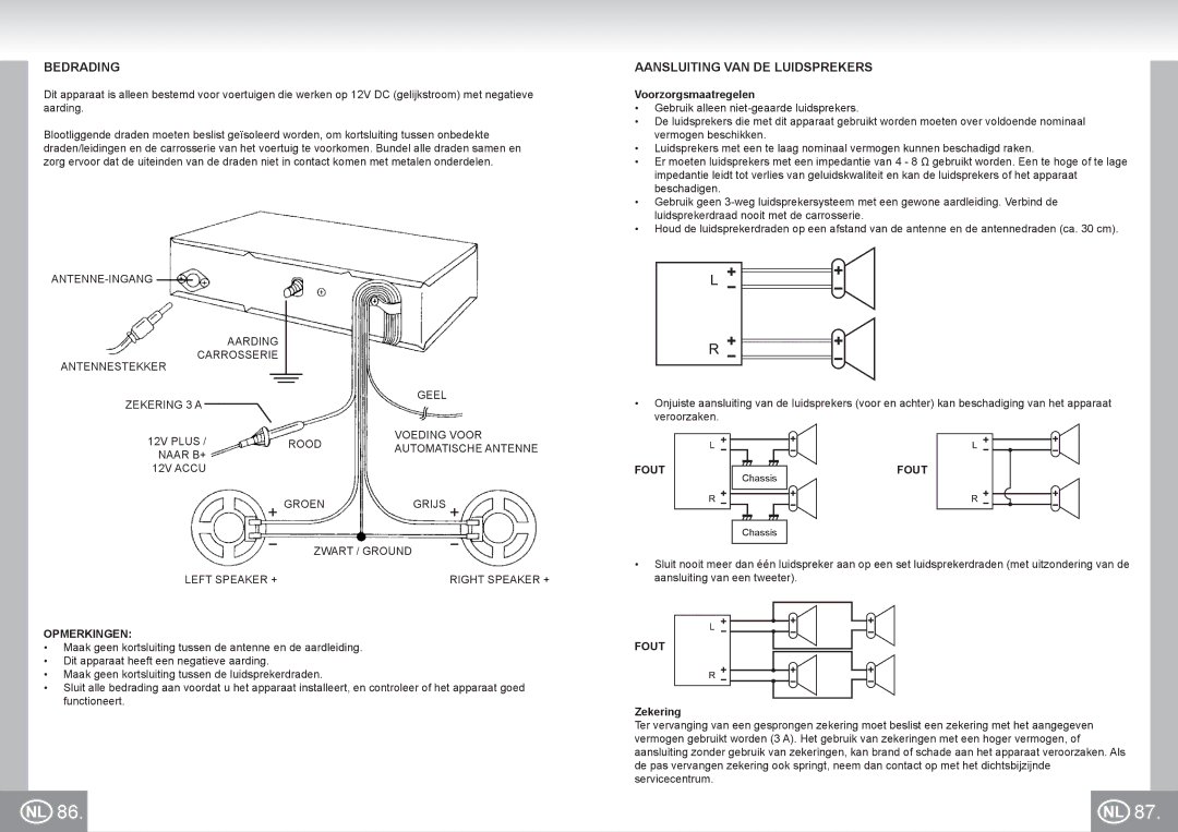 Elta 7173N2 manual Bedrading, Aansluiting VAN DE Luidsprekers, Opmerkingen, Fout, Zekering 