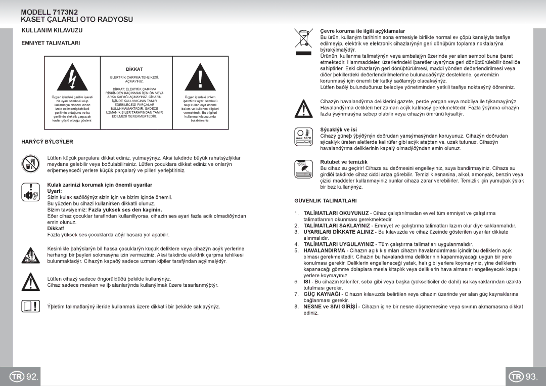 Elta manual Modell 7173N2 Kaset Çalarli OTO Radyosu, Kullanim Kilavuzu, Emniyet Talimatlari, Harýcý Býlgýler 