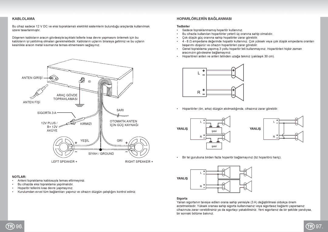 Elta 7173N2 manual Kablolama, Hoparlörlerİn Bağlanmasi, Notlar, Yanliş, Sigorta 