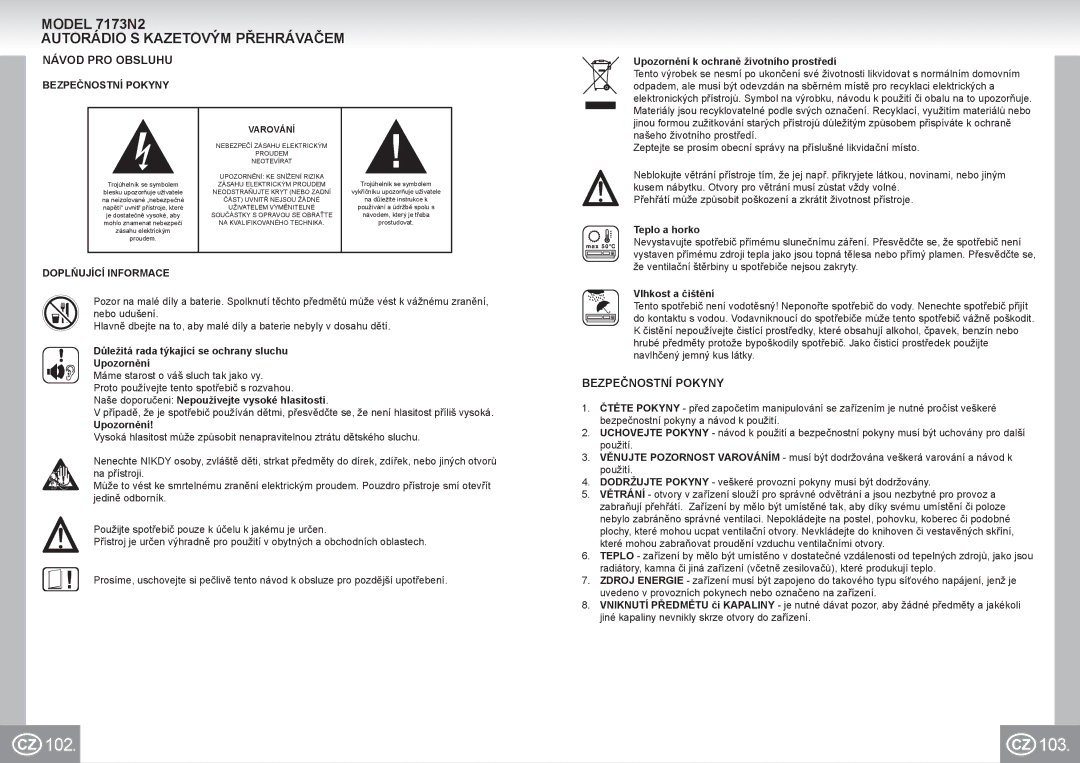 Elta 7173N2 manual 102 103, Autorádio S Kazetovým Přehrávačem, Návod PRO Obsluhu, Bezpečnostní Pokyny 