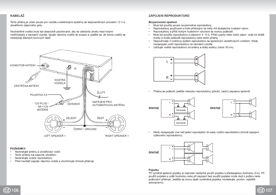 Elta 7173N2 manual 106 107, Kabeláž, Zapojení Reproduktorů, Poznámky, Špatně 