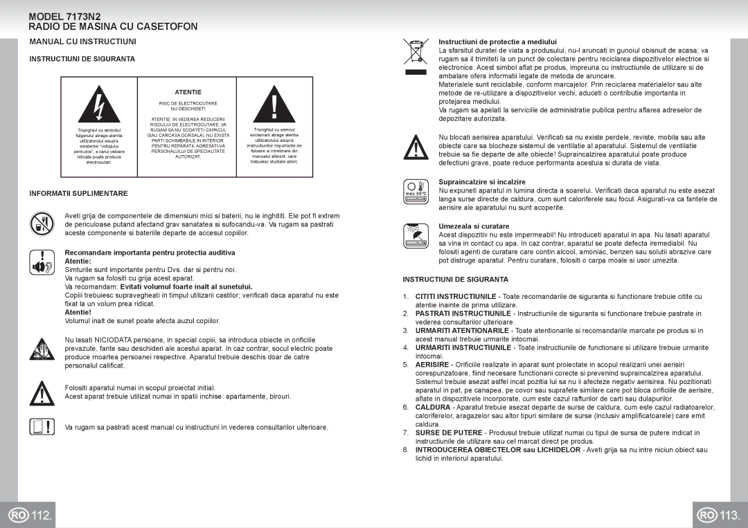 Elta 7173N2 manual 112 113, Radio DE Masina CU Casetofon, Manual CU Instructiuni, Instructiuni DE Siguranta 