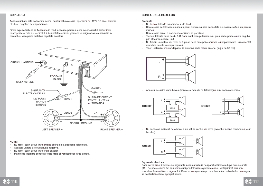 Elta 7173N2 manual 116 117, Cuplarea, Conexiunea Boxelor, Gresit, Siguranta electrica 