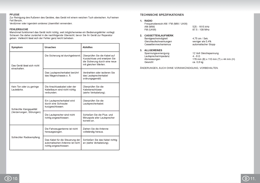 Elta 7173N2 manual Technische Spezifikationen, Pflege, Fehlersuche, Cassettenlaufwerk, Allgemeines 