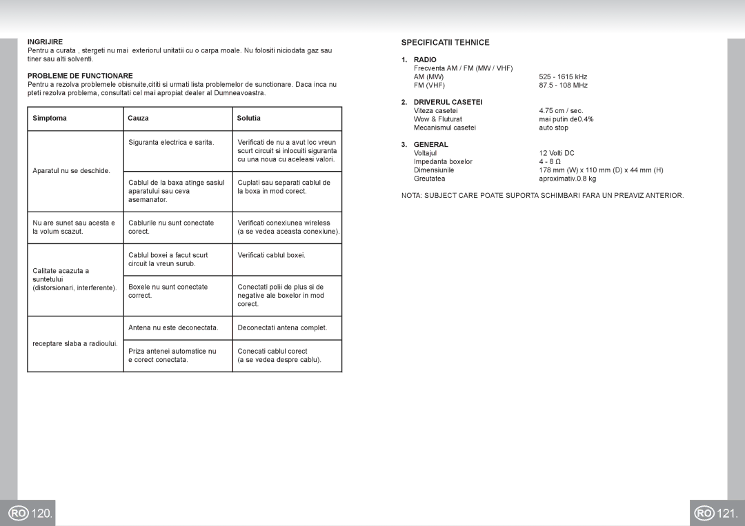 Elta 7173N2 manual 120 121, Specificatii Tehnice, Ingrijire, Probleme DE Functionare 