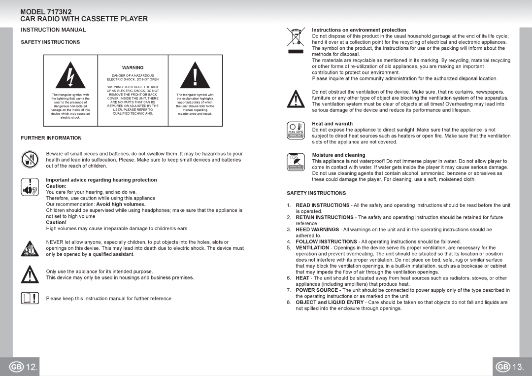 Elta 7173N2 manual CAR Radio with Cassette Player, Safety Instructions, Further Information 