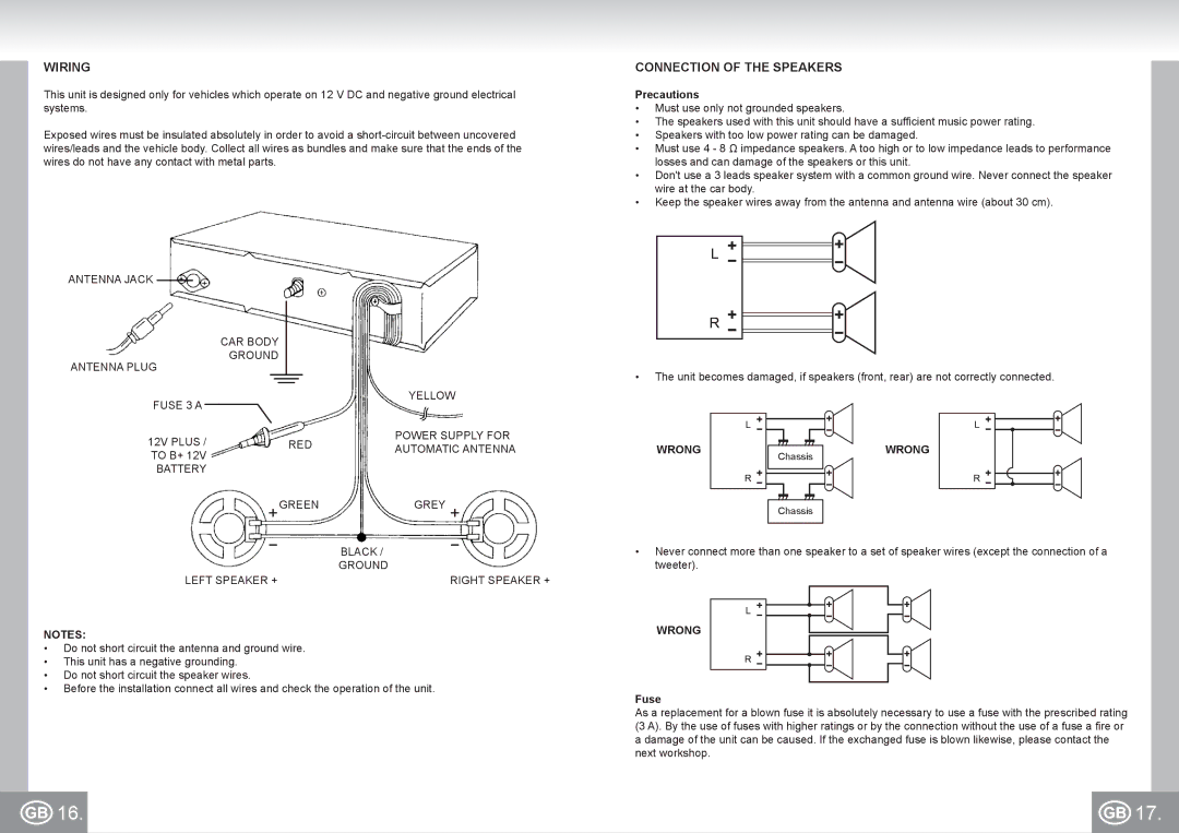 Elta 7173N2 manual Wiring, Connection of the Speakers, WRONGChassisWRONG, Wrong, Fuse 