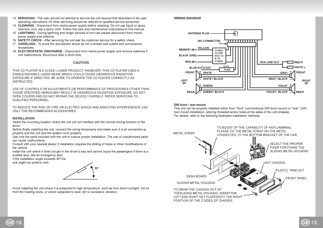 Elta 7537N1 manual Wiring Diagram, DIN front / rear-mount, To Boost UP the Capability of ANTI-JAMMING 