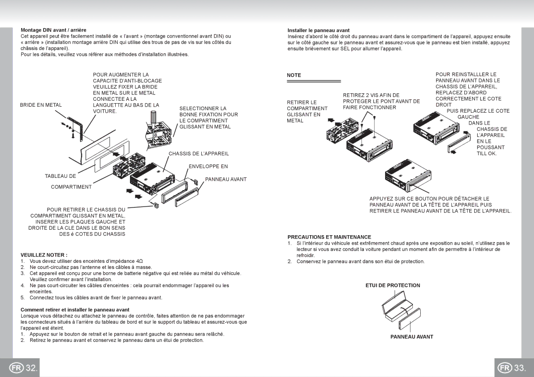 Elta 7537N1 manual Veuillez Noter, Precautions ET Maintenance, Etui DE Protection Panneau Avant 